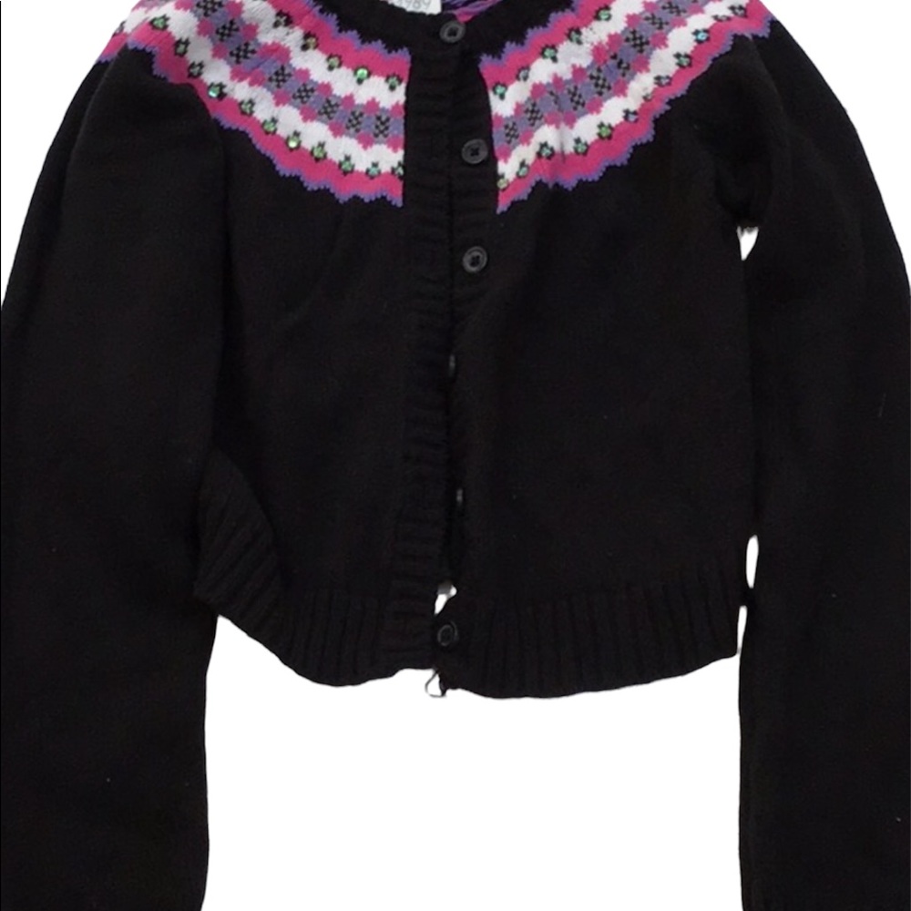1989‎ Place Black Pink White Nordic Fair Isle Cardigan Sweater Girls Large